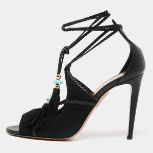 Pre Owned Aquazzura  Black Suede And Leather Open Toe Ankle Wrap  Sandals Size 41