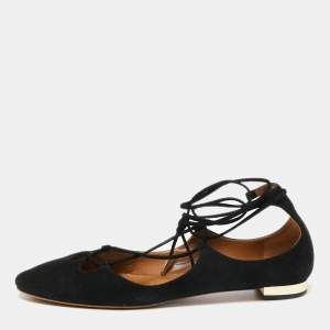 Pre Owned Aquazzura Black Suede Ankle Wrap Ballet Flats Size 38.5