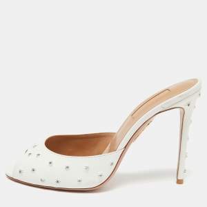 Pre Owned Aquazzura White Studded Leather Wish Slide Sandals Size 37.5