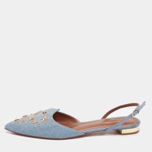 Pre Owned Aquazzura Light Blue Denim Nairobi Pointed-Toe Slingback Flats Size 40