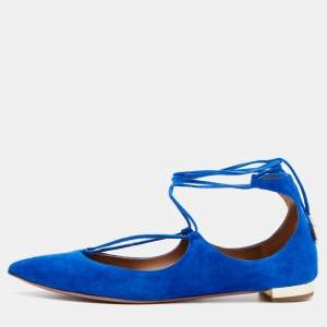 Pre Owned Aquazzura Blue Suede Christy Ankle Wrap Pointed Toe Ballet Flats Size 40