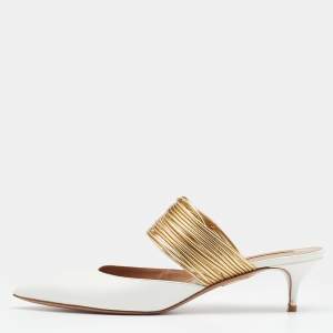 Pre Owned Aquazzura White/Gold Leather Rendez Vous Mules Size 41 