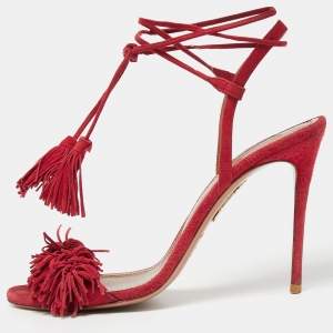 Pre Owned Aquazzura Red Fringed Suede Wild Thing Ankle-Tie Sandals Size 38 