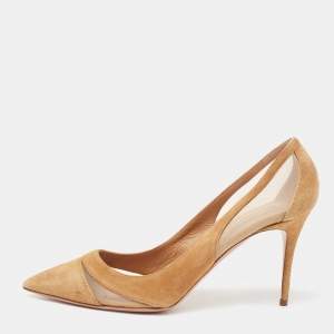 Pre Owned Aquazzura Tan Suede and Mesh Savoy Pumps Size 41
