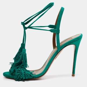 Pre Owned Aquazzura Teal Green Fringed Suede Wild Thing Tasseled Ankle Wrap Sandals Size 38