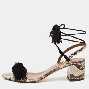 Pre Owned Aquazzura Black/Beige Python Embossed Leather And Fringed Suede Wild Thing Ankle Wrap Sandals Size 38