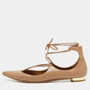 Pre Owned Aquazzura Beige Leather Christy Tie Up Pointed Toe Ballet Flats Size 39