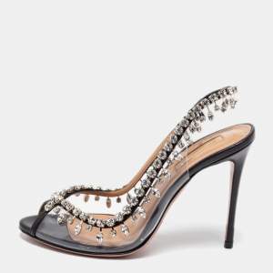 Pre Owned Aquazzura Black Leather and PVC Temptation Sandals Size 35.5