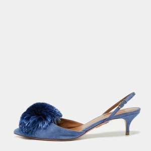 Pre Owned Aquazzura Blue Suede Powder Puff Pointed Toe Slingback Sandals Size 40.5