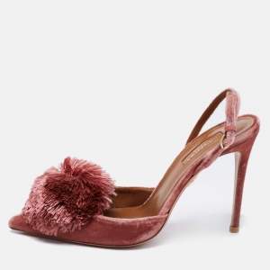 Pre Owned Aquazzura Pink Velvet Powder Puff Pointed Toe Slingback Sandals Size 38