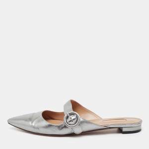Pre Owned Aquazzura Metallic Silver Leather Buckle Detail Pointed Toe Flat Mules Size 39