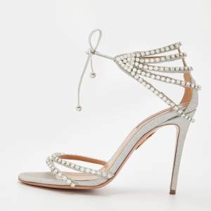 Pre Owned Aquazzura Metallic Silver Glitter Crystal Embellished Strappy Ankle Wrap Sandals Size 37