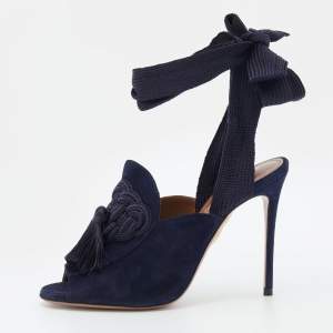 Pre Owned Aquazzura Navy Blue Suede Tassel Ankle Wrap Sandals Size 36