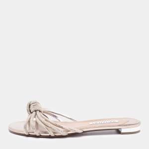 Pre Owned Aquazzura Metallic Silver/Beige Suede Crystal Embellished Celeste Flat Sandals Size 38.5