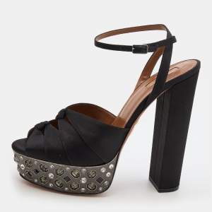 Pre Owned Aquazzura Black Satin Party Plateau Embellished Platform Ankle Strap Sandals Size 41