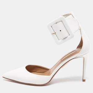 Pre Owned Aquazzura White Leather Casablanca Ankle Cuff Pumps Size 36