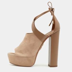 Pre Owned Aquazzura Taupe/Beige Suede And Leather Kaya Platform Sandals Size 38.5
