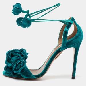 Pre Owned Aquazzura Green Velvet Wild Flower Ankle Wrap Sandals Size 35.5