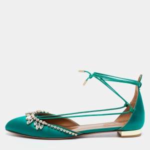 Pre Owned Aquazzura Green Satin Crystal Embellished Alexa Ankle Tie D'orsay Flats Size 41