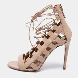 Pre Owned Aquazzura Beige Leather Amazon Lace Up Open Toe Sandals Size 38.5