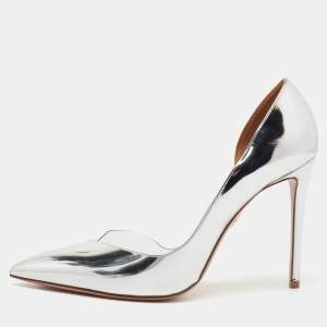 Pre Owned Aquazzura Metallic Silver Patent Leather And PVC Pointed Toe Pumps Size 38.5