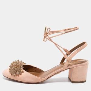 Pre Owned Aquazzura Peach Pink Suede Crystal Embellished Ankle-Tie Block Heel Sandals Size 37