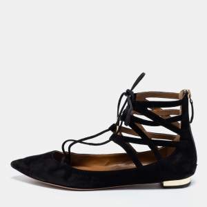 Pre Owned Aquazzura Black Suede Dancer Lace-Up Ballet Flats Size 38