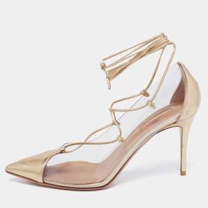 Pre Owned Aquazzura Gold Leather and PVC Magic Ankle-Tie Pumps Size 38.5