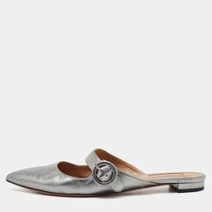 Pre Owned Aquazzura Metallic Silver Leather Buckle Detail Pointed Toe Flat Mules Size 39.5