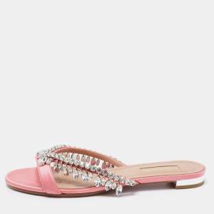 Pre Owned Aquazzura Pink Satin Crystal Embellished Flat Slides Size 37