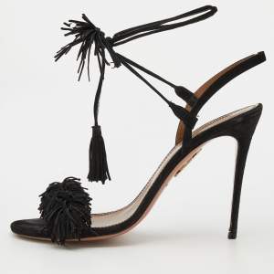 Pre Owned Aquazzura Black Fringed Suede Wild Thing Ankle Wrap Sandals Size 40