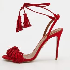 Pre Owned Aquazzura Red Fringed Suede Wild Thing Ankle Wrap Sandals Size 39