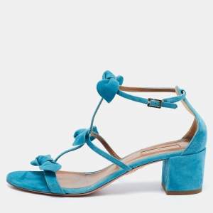 Pre Owned Aquazzura Blue Suede St. Tropez Bow Block Heel Sandals Size 37.5