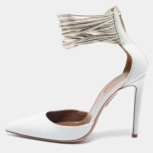 Pre Owned Aquazzura White Leather Hello Lover Ankle Cuff Pumps Size 37