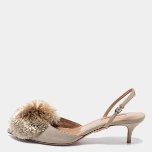 Pre Owned Aquazzura Taupe Suede Powder Puff Slingback Pumps Size 37