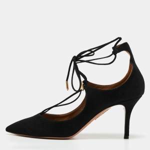 Pre Owned Aquazzura Black Suede Christy Ankle Tie Pumps Size 37