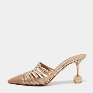 Pre Owned Aquazzura Beige/Metallic Gold Leather Le Parisien Mules Size 41