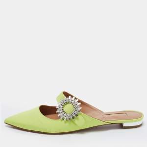 Pre Owned Aquazzura Green Canvas Crystal Embellished Pointed Toe Flat Mules Size 37.5