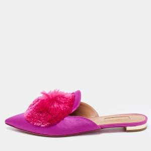 Pre Owned Aquazzura Pink Satin Powder Puff Pom Pom Mules Size 37.5