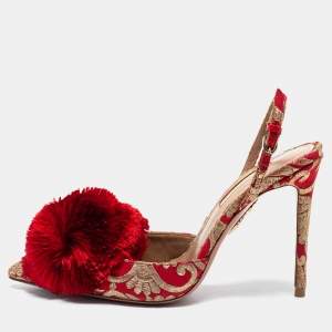 Pre Owned Aquazzura Red Brocade Fabric Slingback Sandals Size 36