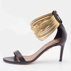 Pre Owned Aquazzura Black Leather Spin Me Around Ankle Cuff Sandals Size 36.5