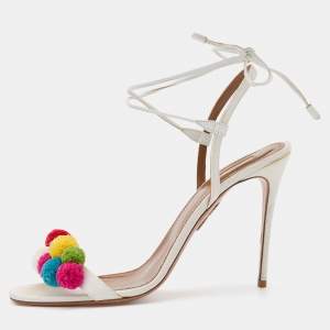 Pre Owned Aquazzura White Raffia and Leather Disco Thing Ankle Wrap Sandals Size 42