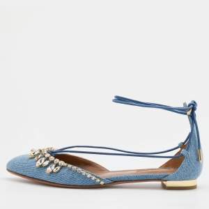 Pre Owned Aquazzura Light Blue Denim Alexa Crystal Embellished Ankle Tie Up Flats Size 36.5