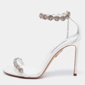 Pre Owned Aquazzura White Fabric Love Link Ankle Strap Sandals Size 38