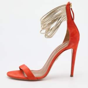 Pre Owned Aquazzura Orange Suede Spin Me Around Ankle Cuff Sandals Size 38