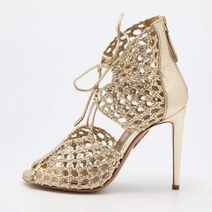Pre Owned Aquazzura Gold Woven Leather Ankle Tie Up Sandals Size 37