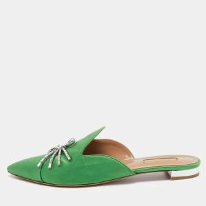 Pre Owned Aquazzura Green Satin Crystal Embellished Spider Pointed Toe Flat Mules Size 40