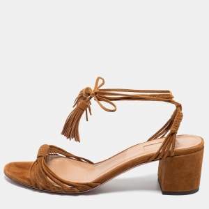 Pre Owned Aquazzura Brown Suede Ankle Strap Sandals Size 39.5