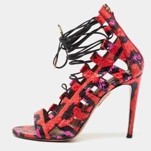 Pre Owned Aquazzura Tricolor Embossed Snakeskin Amazon Sandals Size 38
