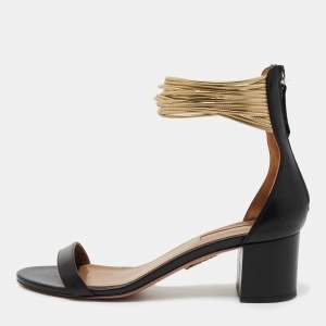 Pre Owned Aquazzura Black/Gold Leather Spin Me Around Strappy Sandals Size 39